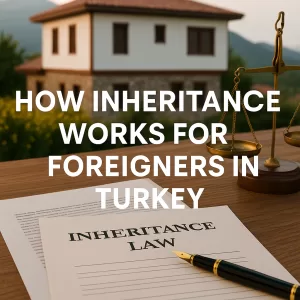 Turkish house with legal documents and scales of justice representing inheritance law for foreigners in Turkey.