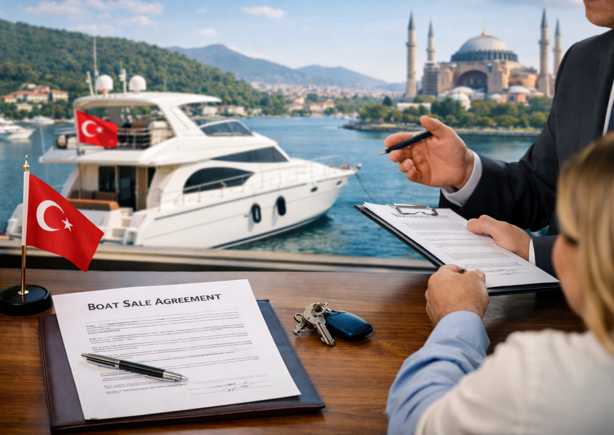 Boat transfer in Turkey showing yacht sale agreement and vessel in Turkish marina