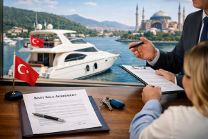Boat transfer in Turkey showing yacht sale agreement and vessel in Turkish marina